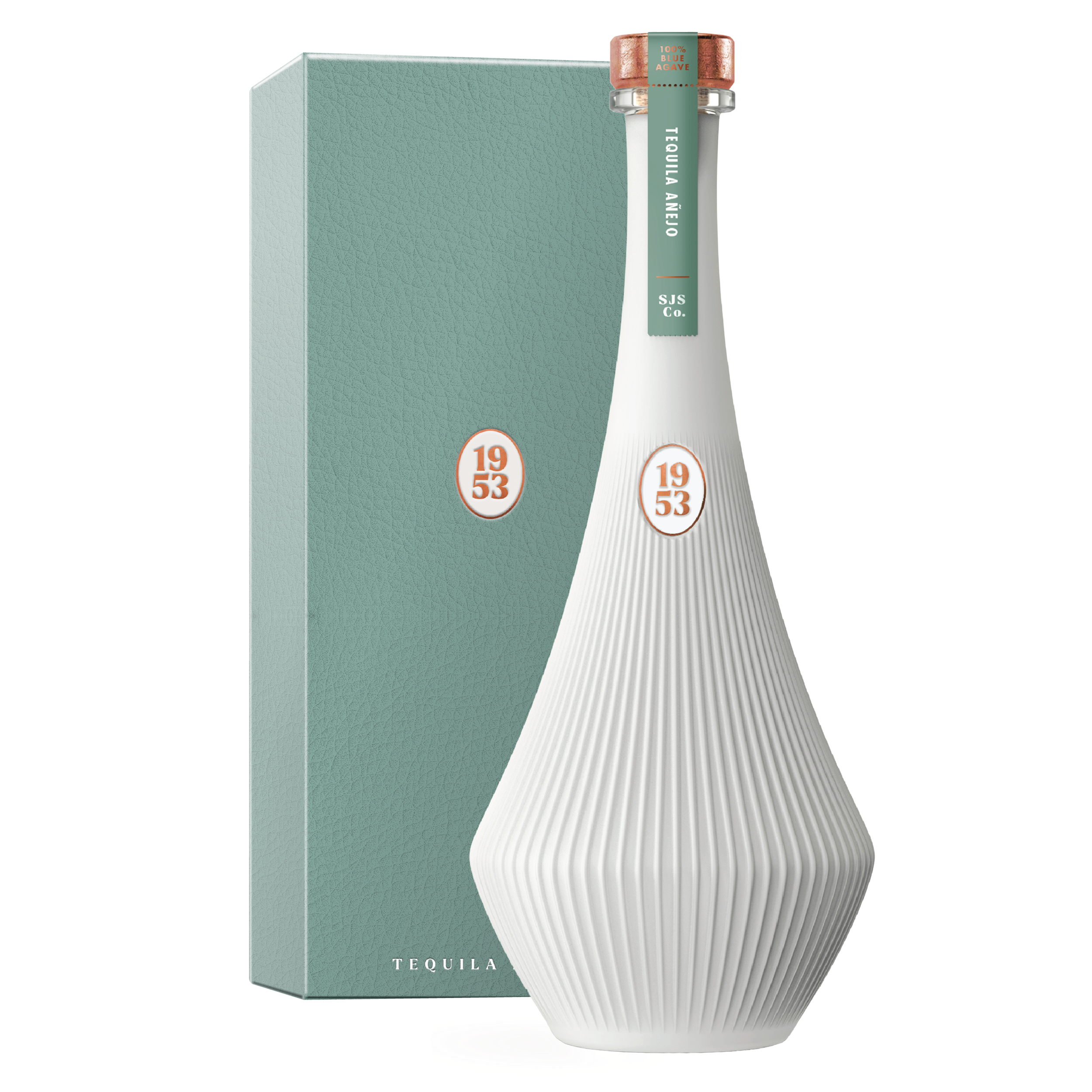 a white bottle with a copper cap in front of a seafoam green box with the 1953 logo in the middle.